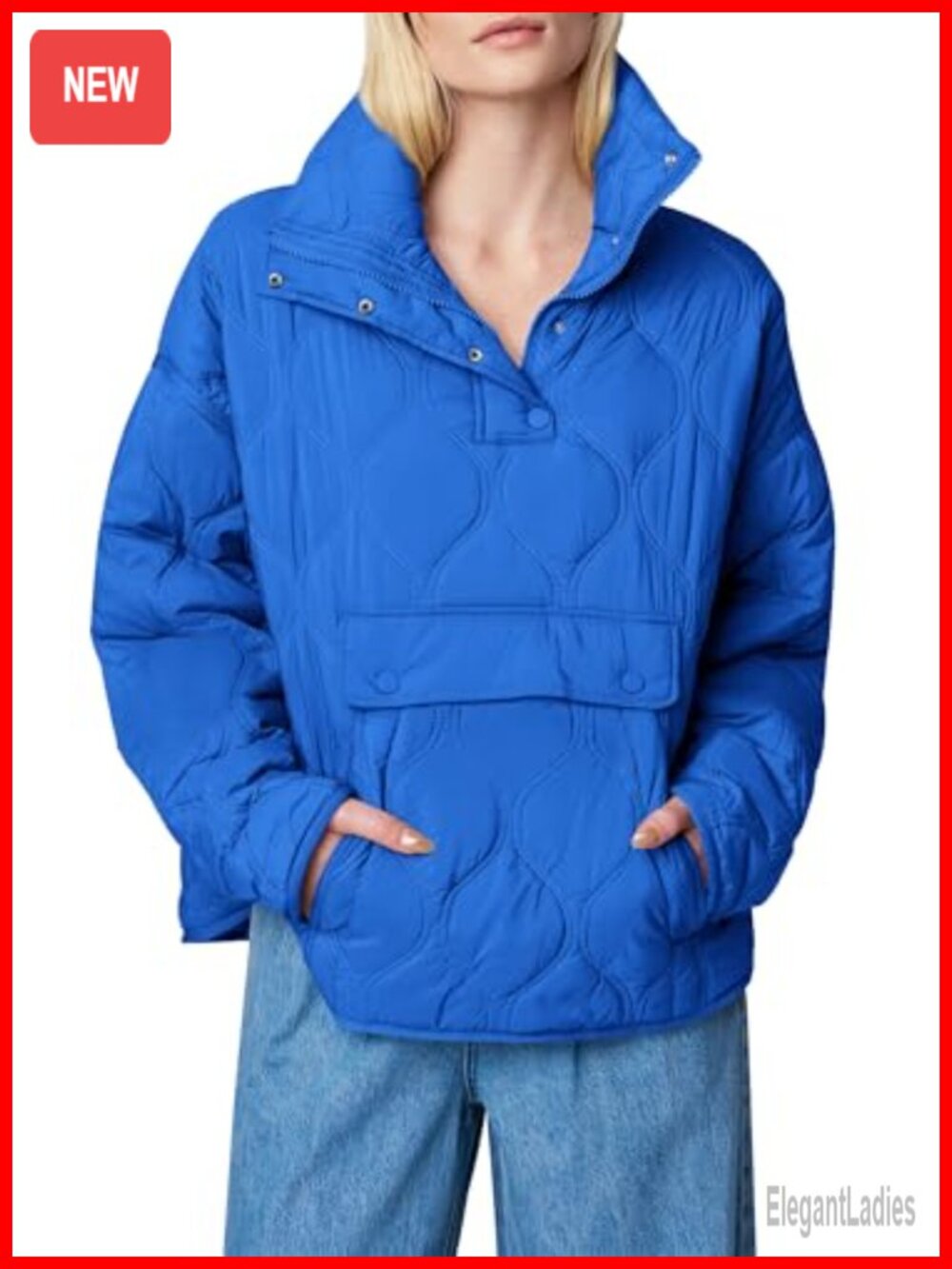 Womens Oversized Quilted Puffer Jacket Half Zip Pullover Lightweight Coat